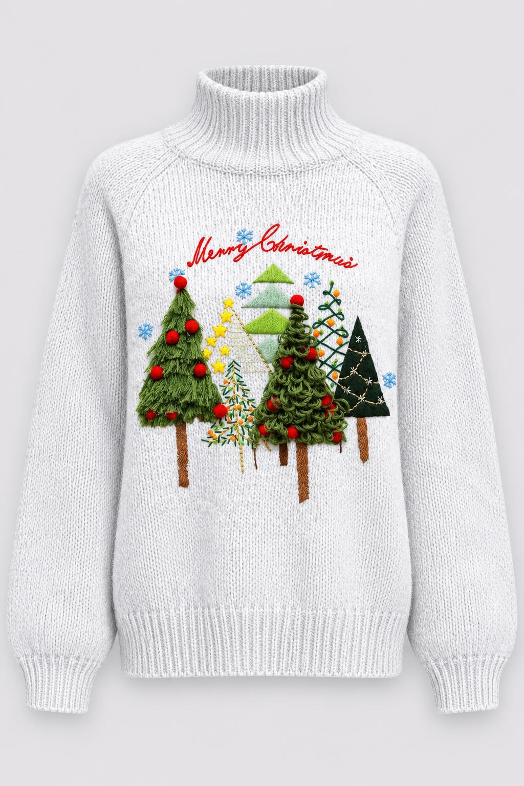 White Ribbed Knit Sweater With Embroidered Christmas Tree - 1