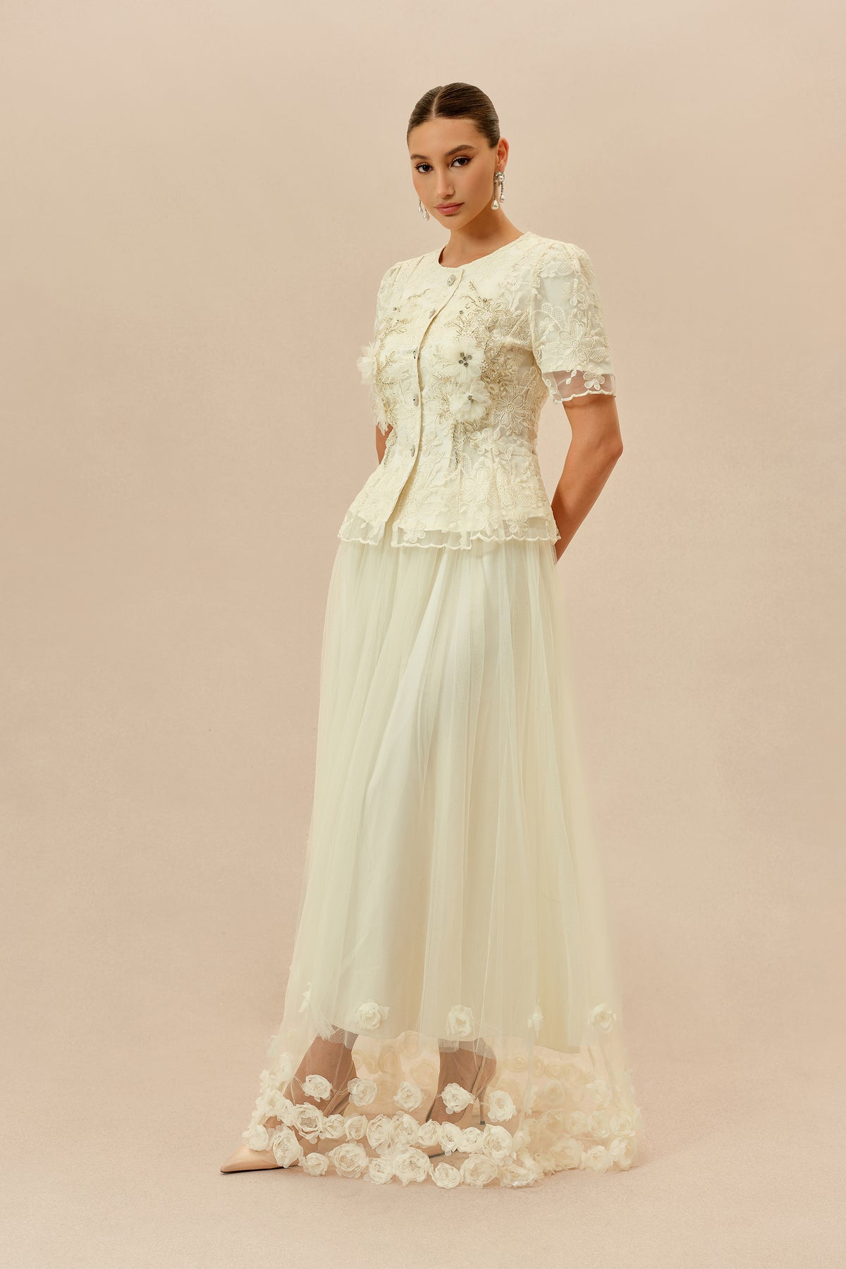 Lace Peplum Top and Tulle Maxi Skirt Set - view 5