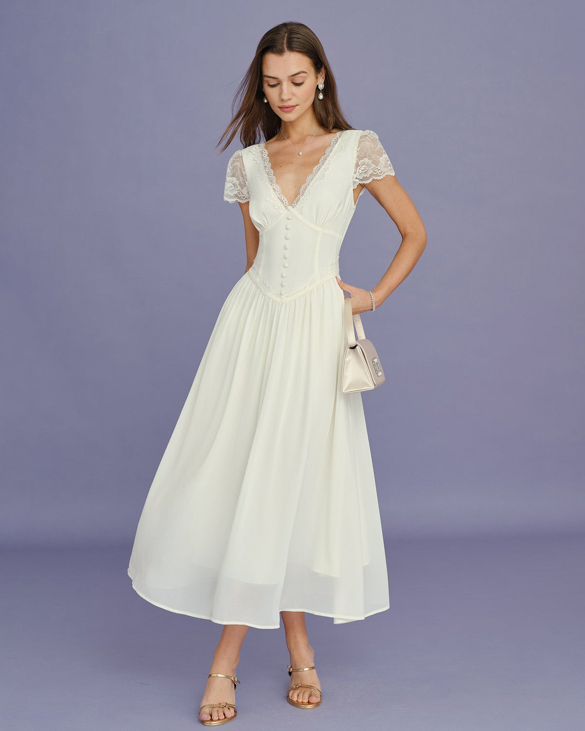 Apricot Lace V-Neck Maxi Dress With Flowy A-Line Skirt - 6