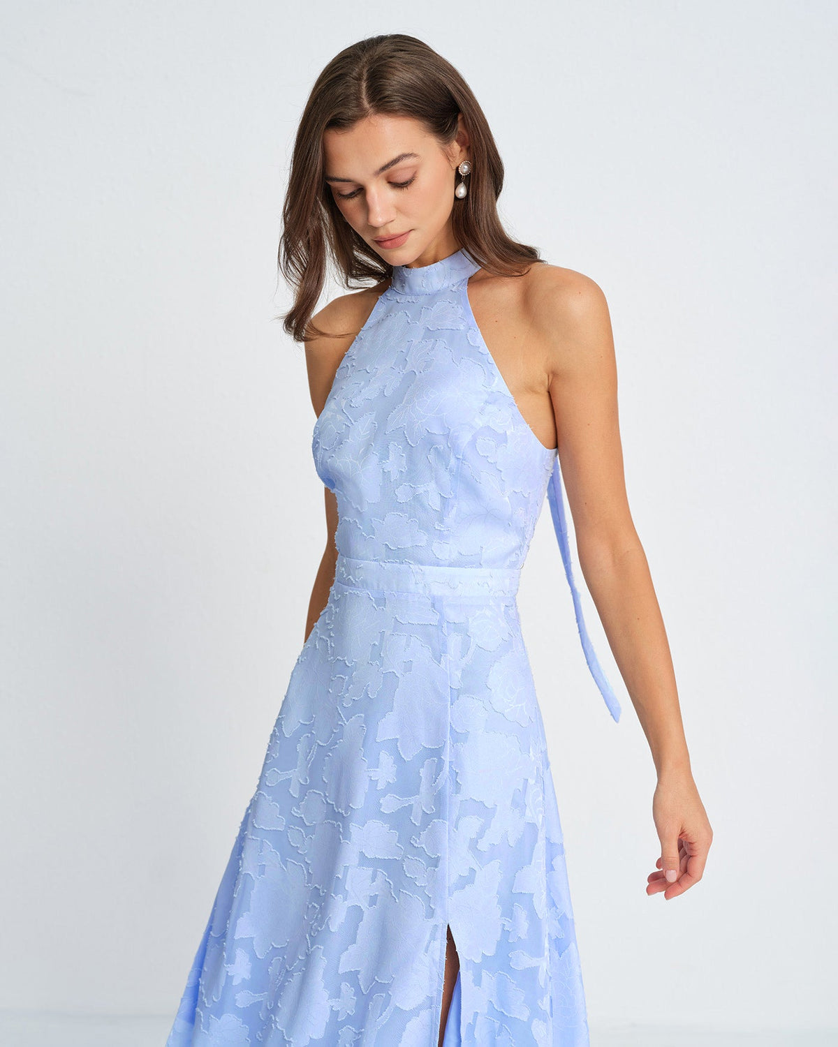 Blue Floral Jacquard Maxi Dress with Mock Neck & Open Back - 4