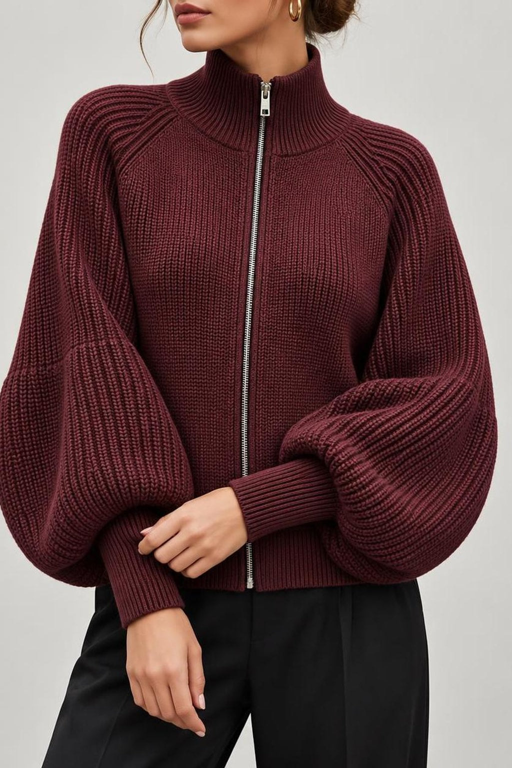 Knitted Zip-Up Cardigan With Stand Collar - 2