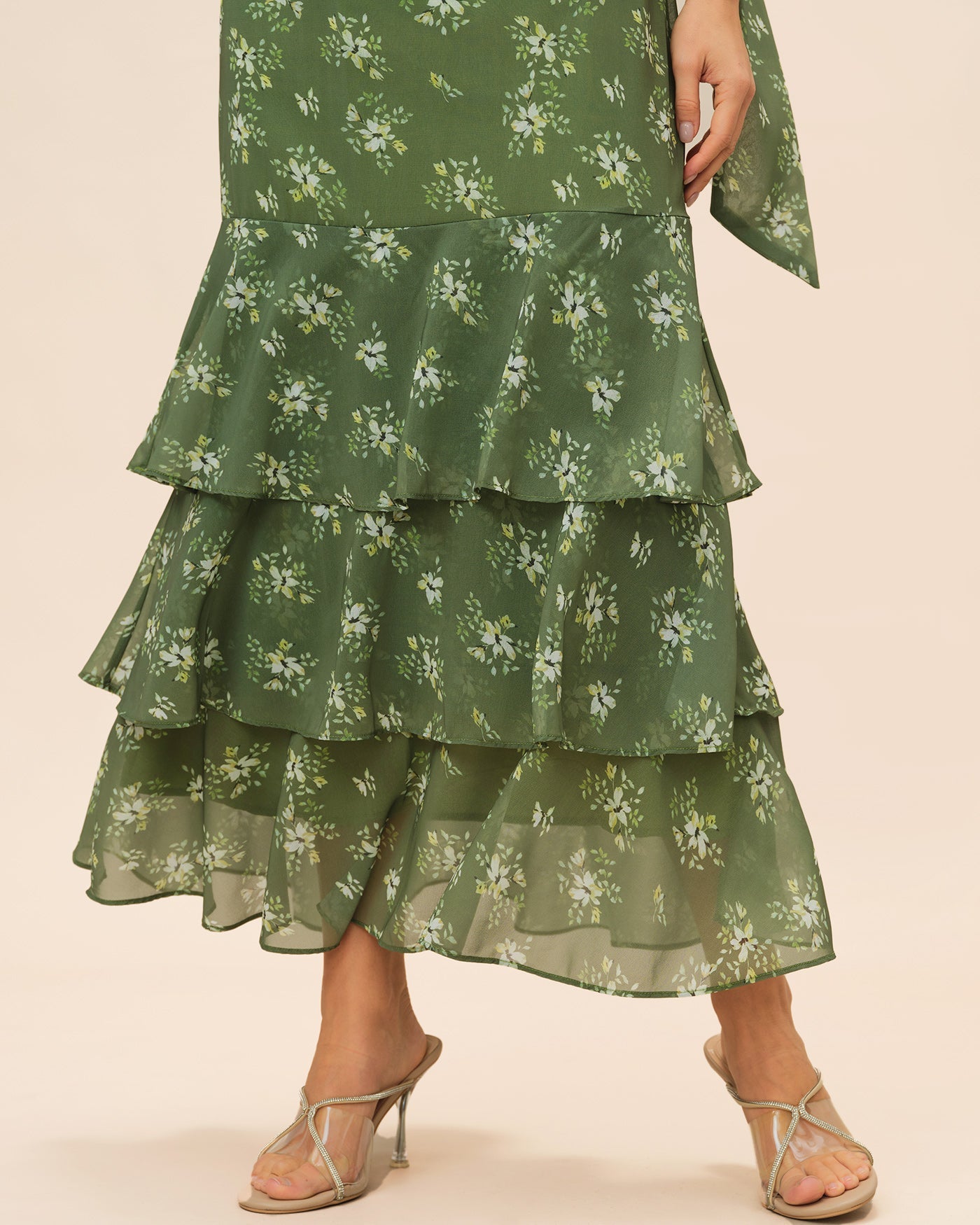 Green Floral Ruffle Mermaid Maxi Dress - view 5
