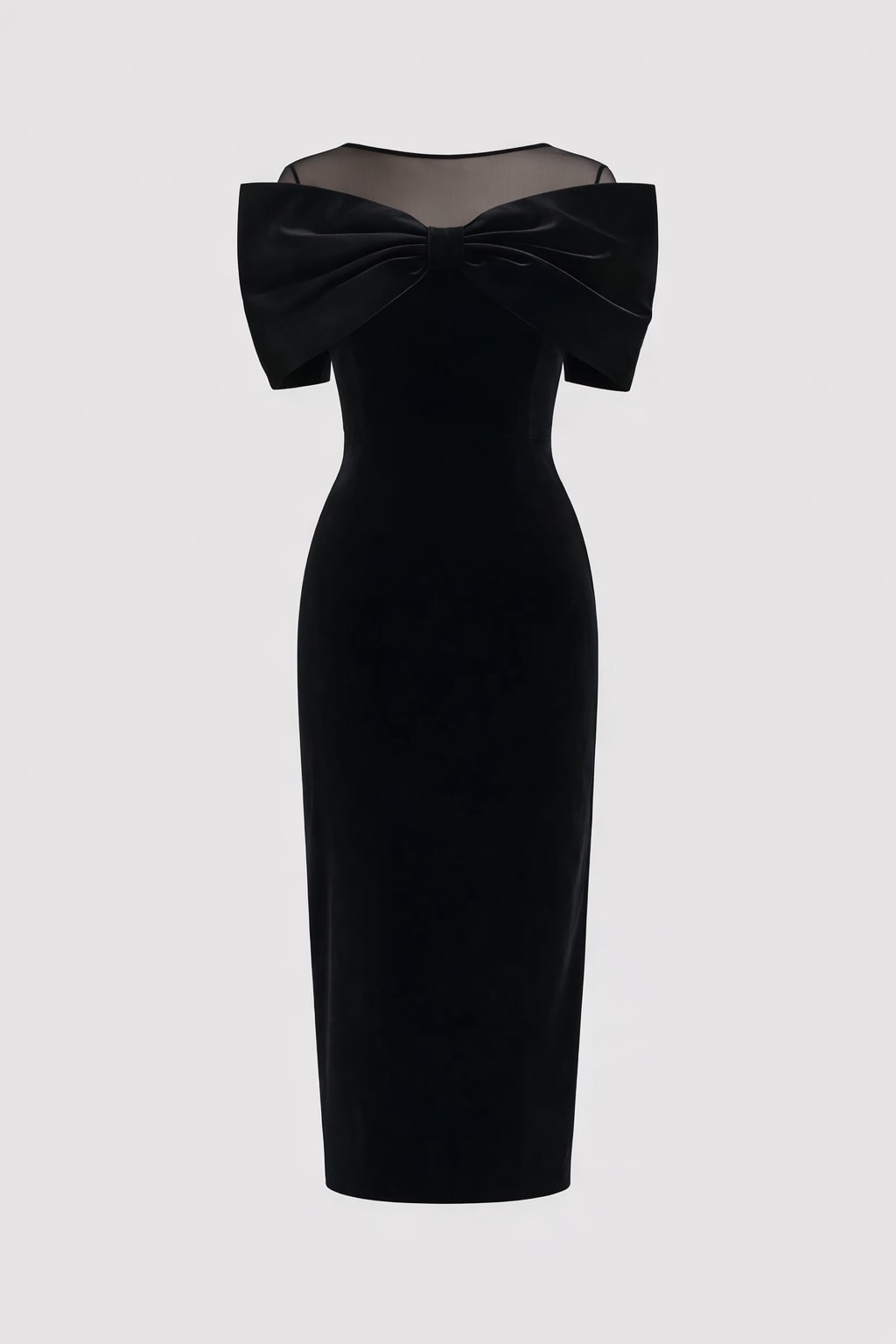 Velvet Midi Dress with Sheer Neckline and Bow Detail - 1