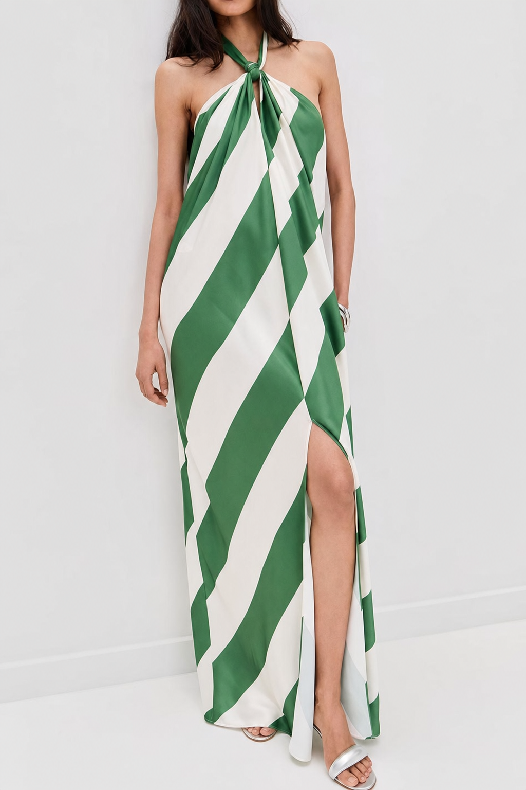 Green striped halter tie-up maxi dress with pockets - view 6