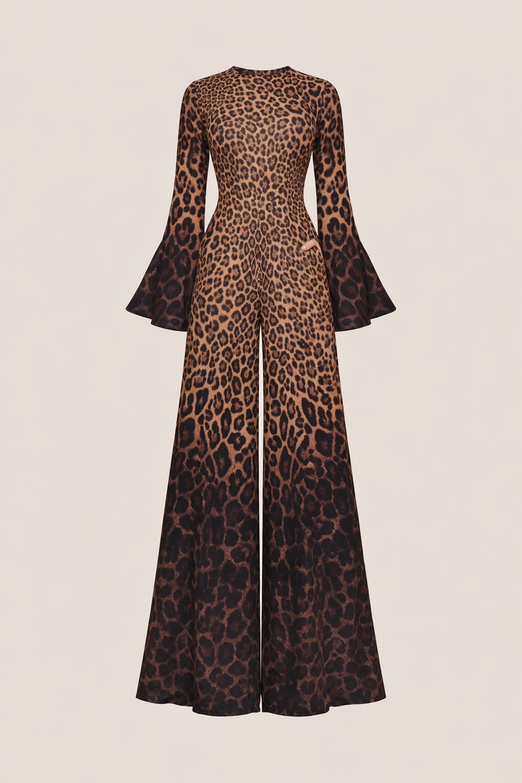 Non-Woven Leopard Print Wide Leg Jumpsuit With Bell Sleeves - 1
