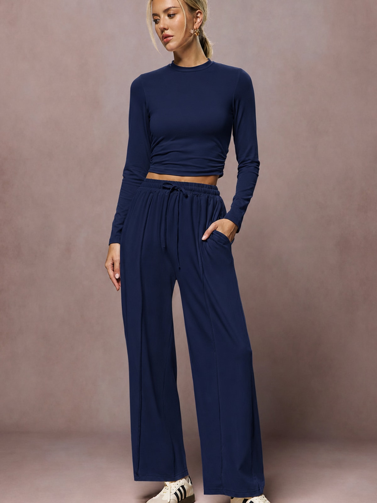 Ruched Jersey Top And Tie-Waist Wide-Leg Trouser Set - 6