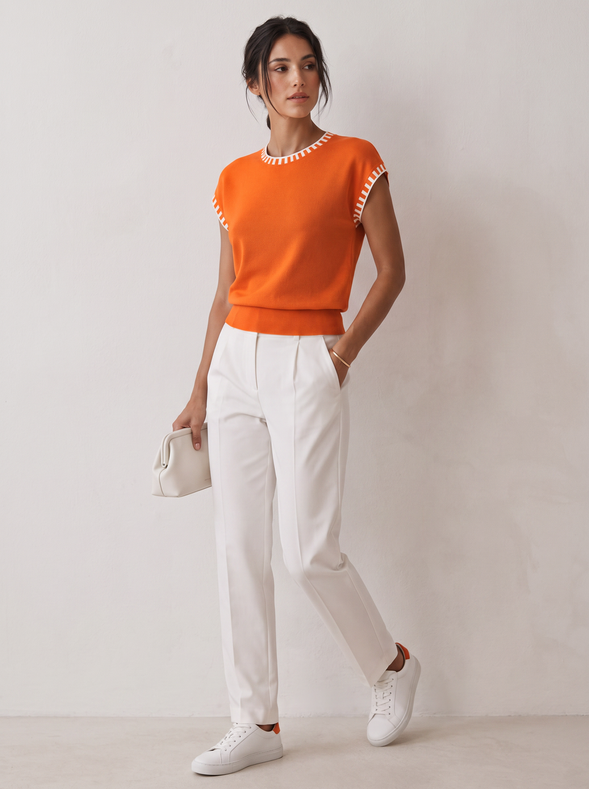 Knit Cap Sleeve Top With Contrast Trim - 4