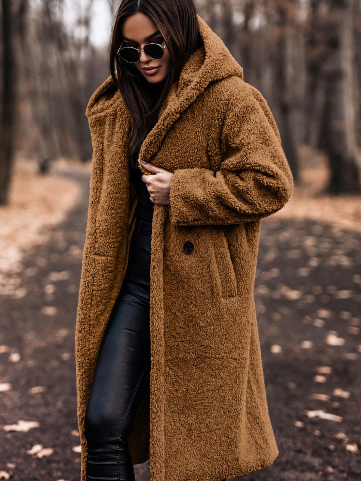 Women's Long Teddy Wool Coat With Hood Cozy Winter Warmth - 7