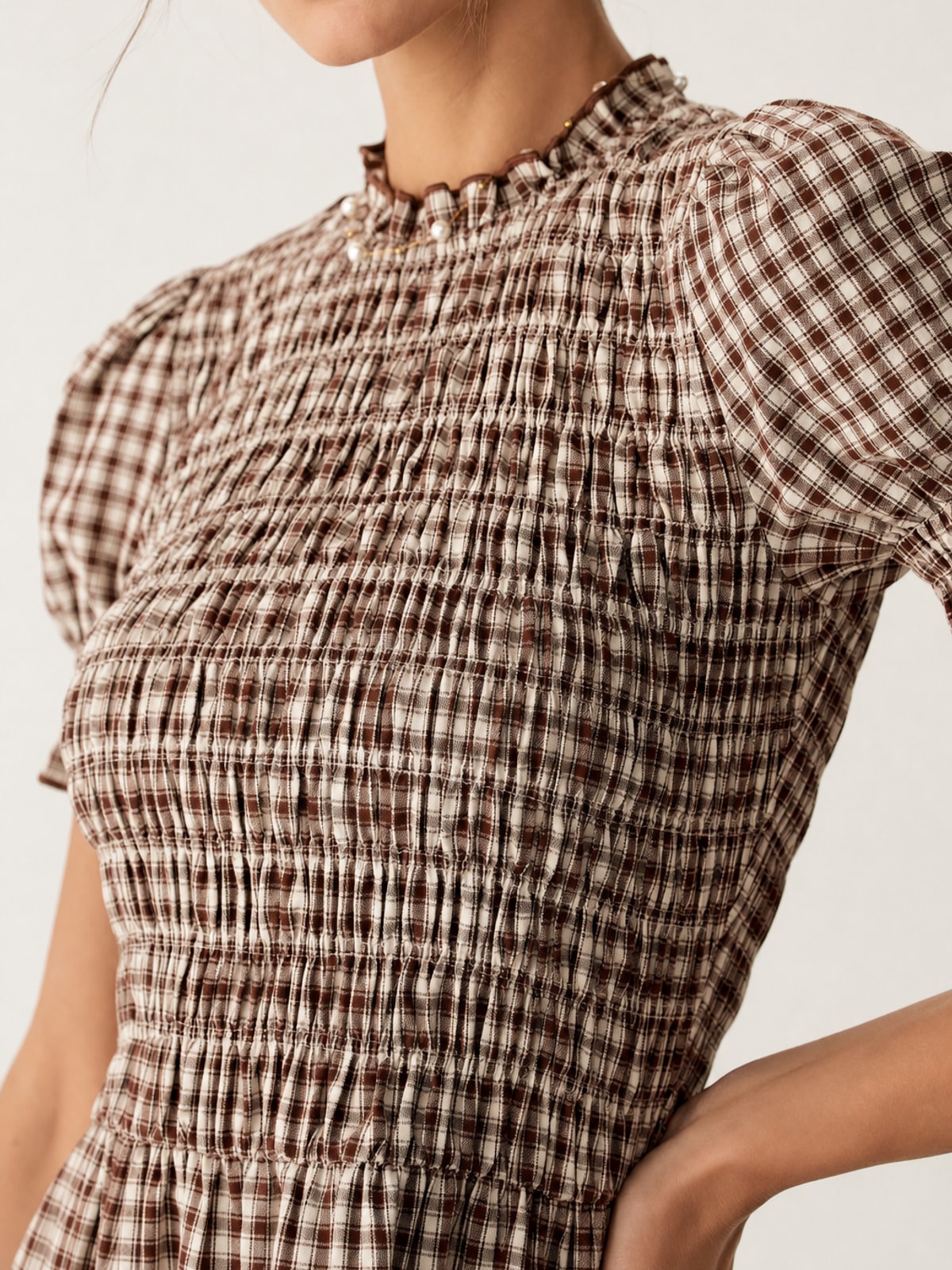 Gingham Mini Dress with Puffed Sleeves and A-Line Fit - 3