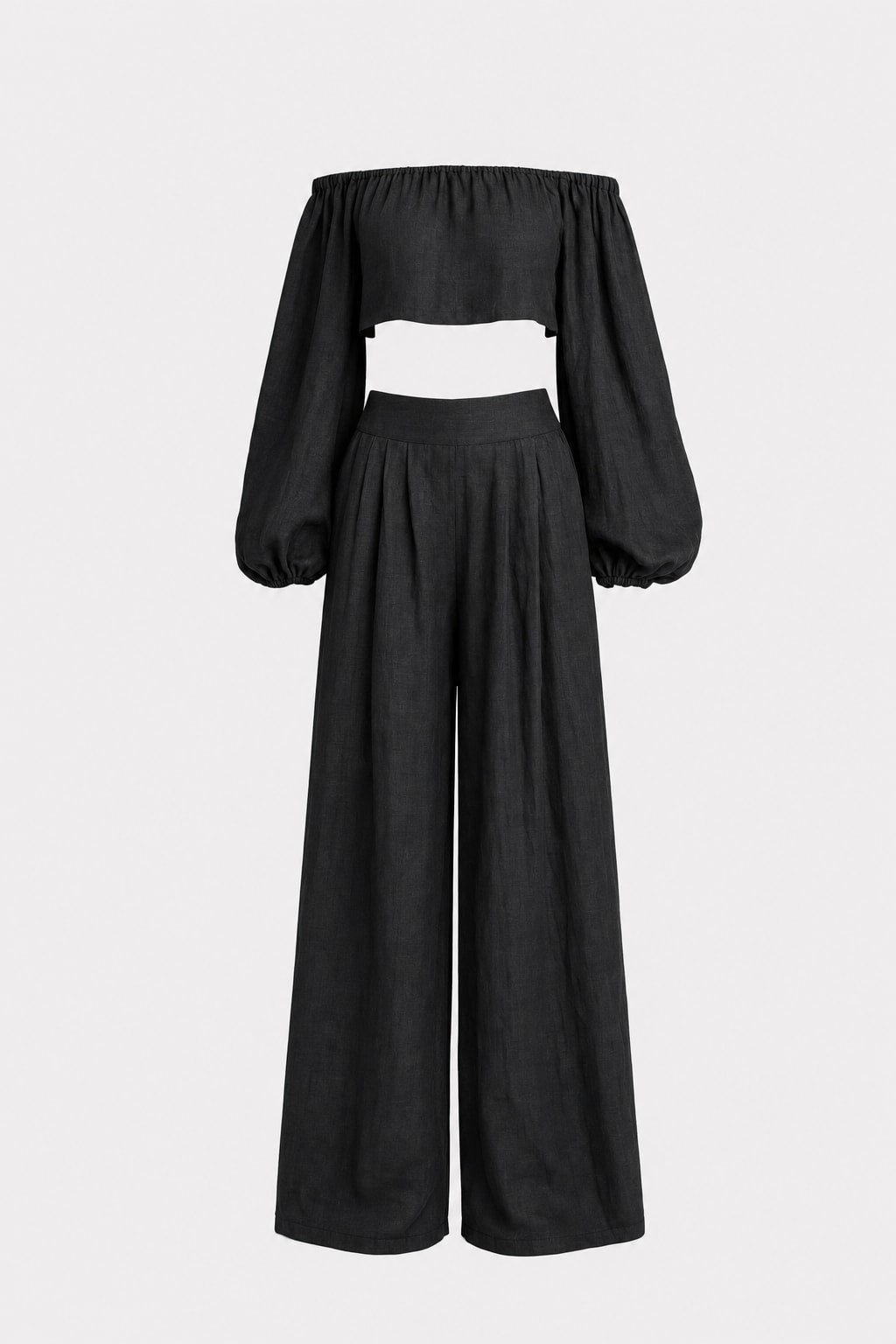 Linen-Blend Strapless Two-Piece Set With Wide-Leg Pants - 1