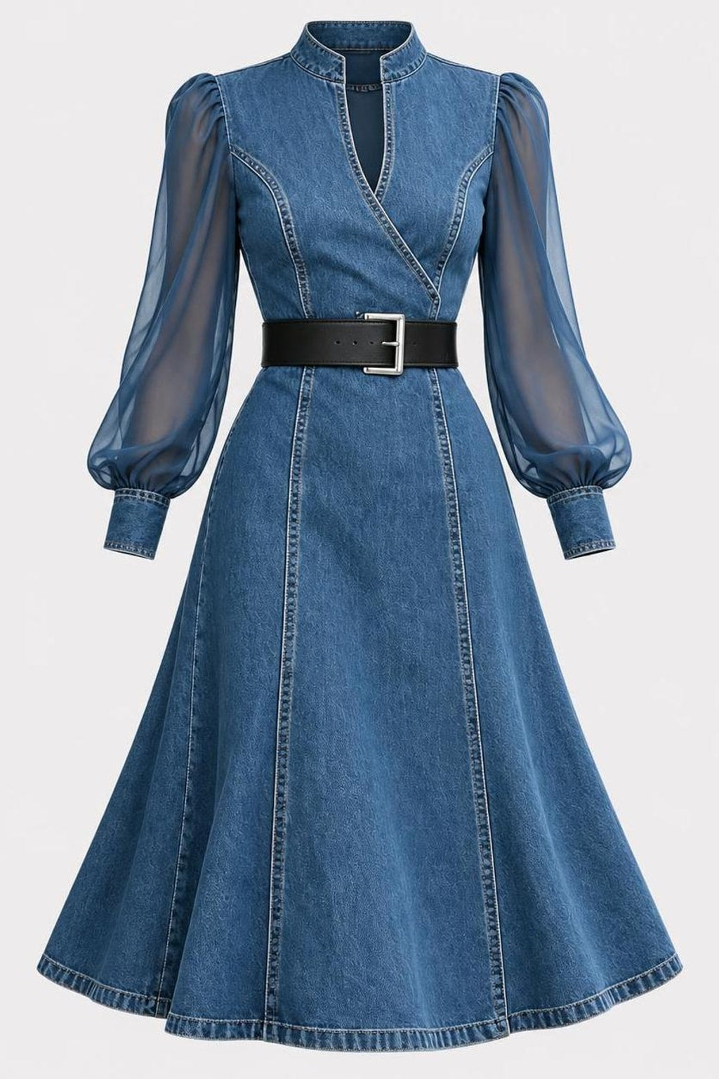 Denim Maxi Dress With Tulle Puff Sleeves - 1