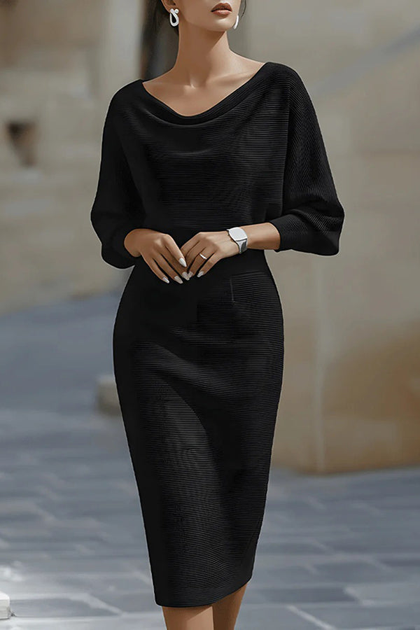 Elegant Polyester Batwing Sleeve Fitted Midi Dress - 3