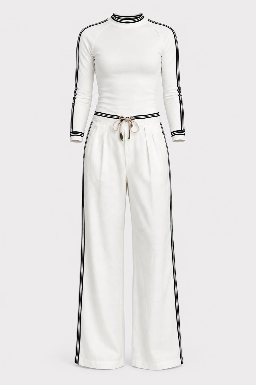 Striped-Trim Two-Piece Set With Wide-Leg Pants - 1