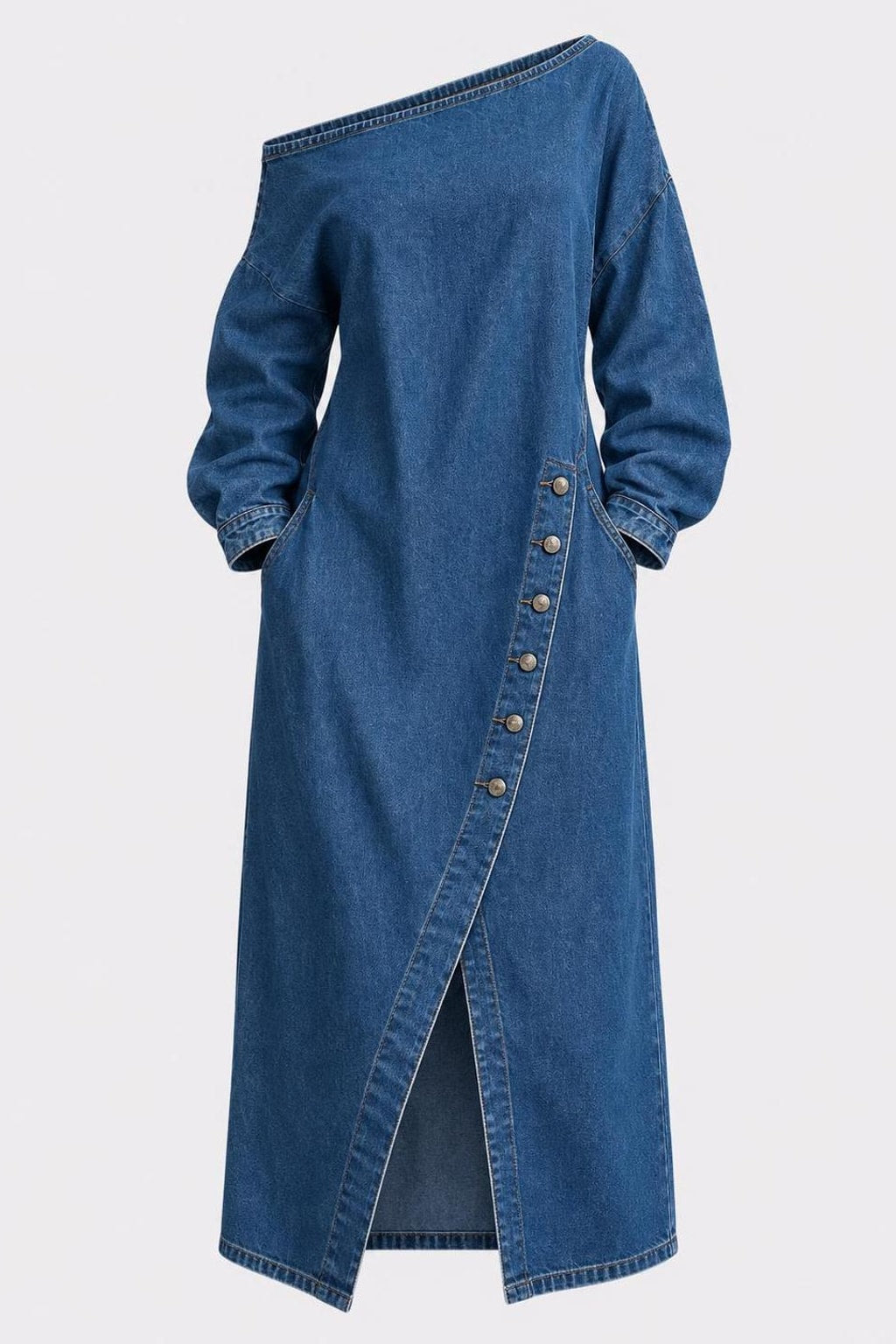 Denim Midi Dress With Off-Shoulder Neckline - 1