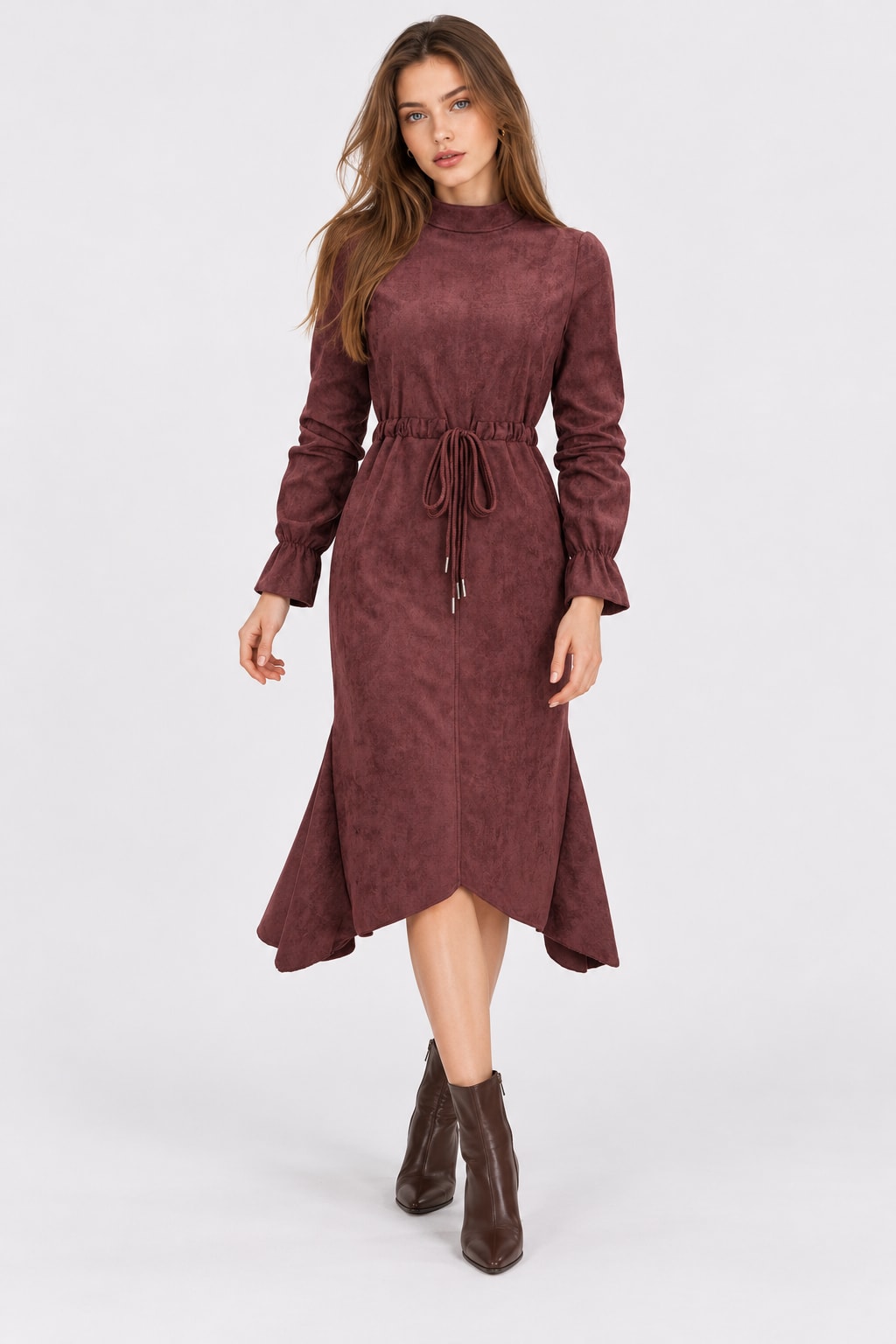 Suede Midi Dress with Zipper and Drawstring - 3