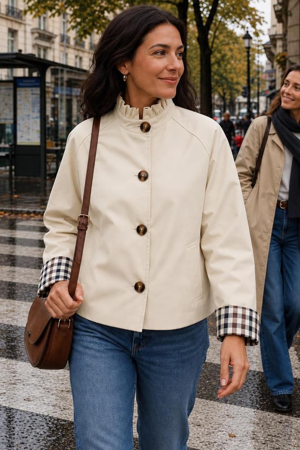 Polyester Short Trench Coat With Ruffle Collar - 2