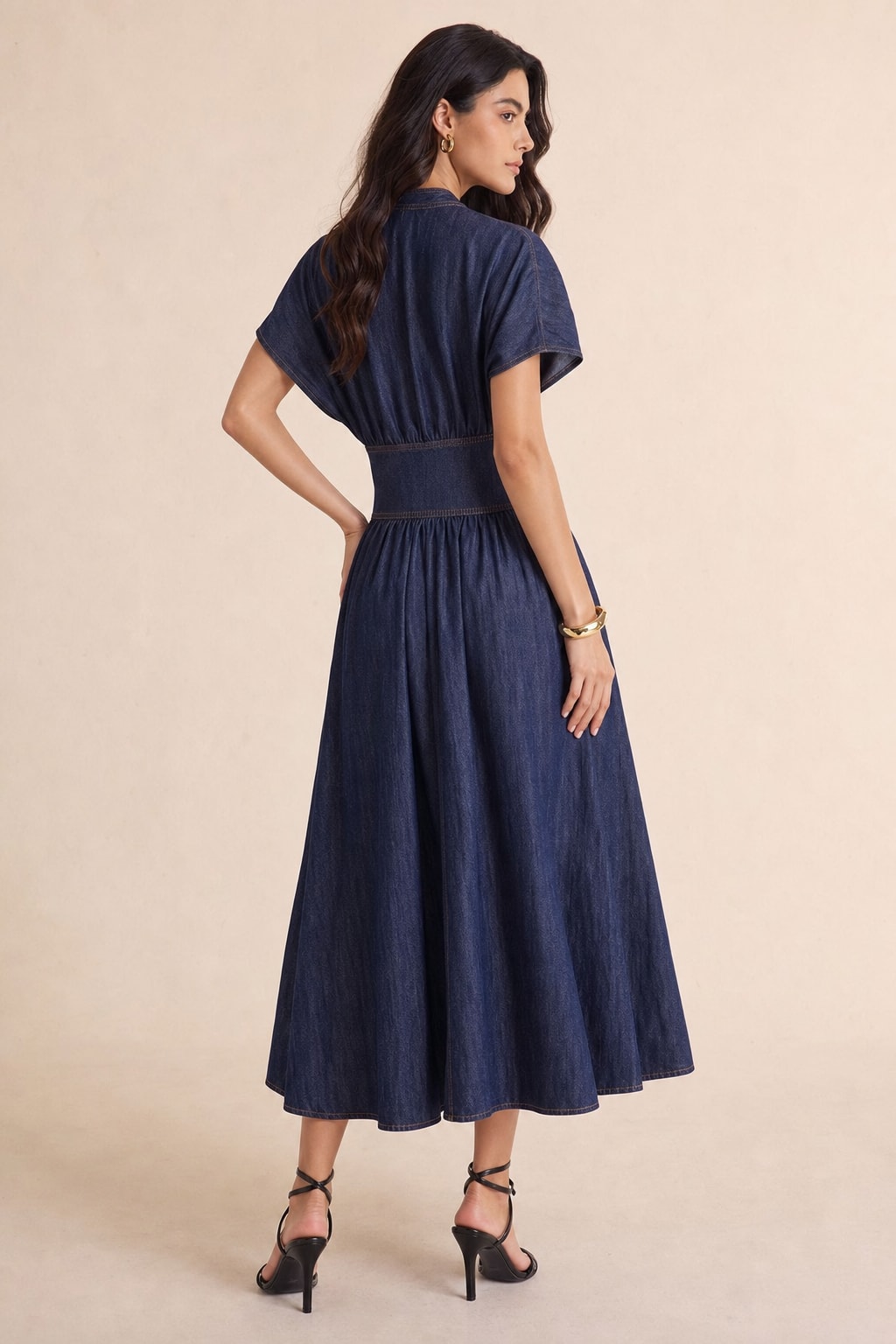 Denim Maxi Dress With Ruched V-Neck - 3