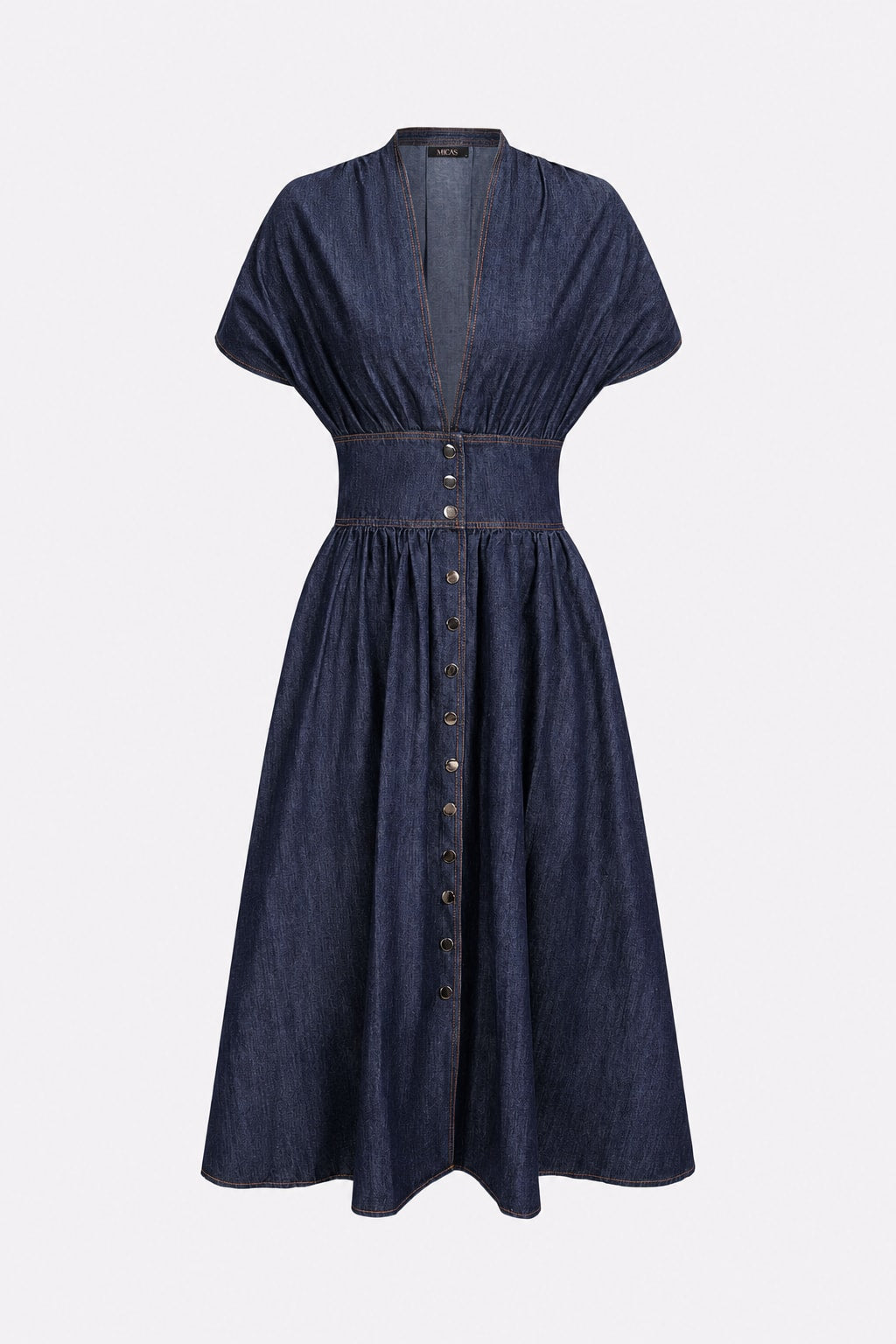 Denim Maxi Dress With Ruched V-Neck - 1