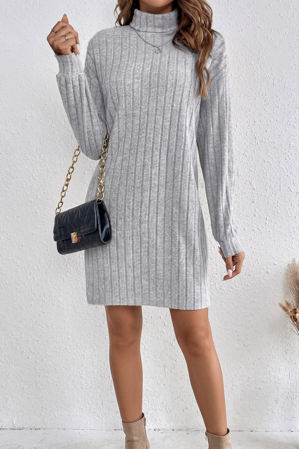 Ribbed Knit Turtleneck Dress - 2