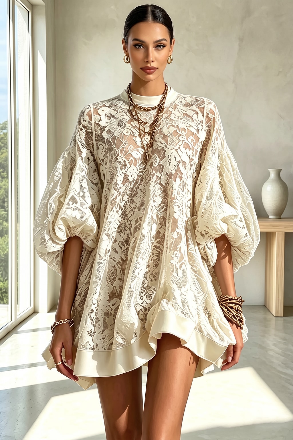 Lace Balloon Sleeve Mini Dress - 2