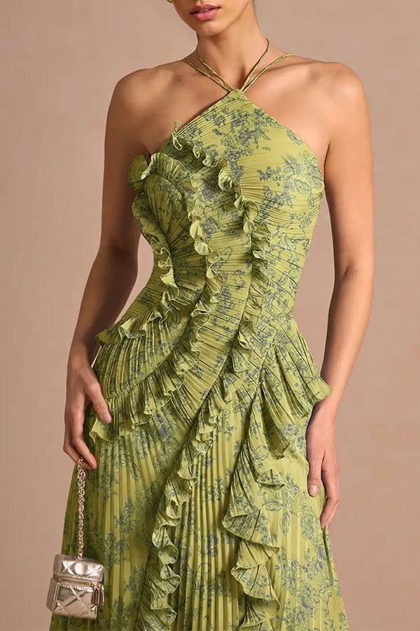 Pleated Halter Maxi Dress With Ruffle Trim - view 5