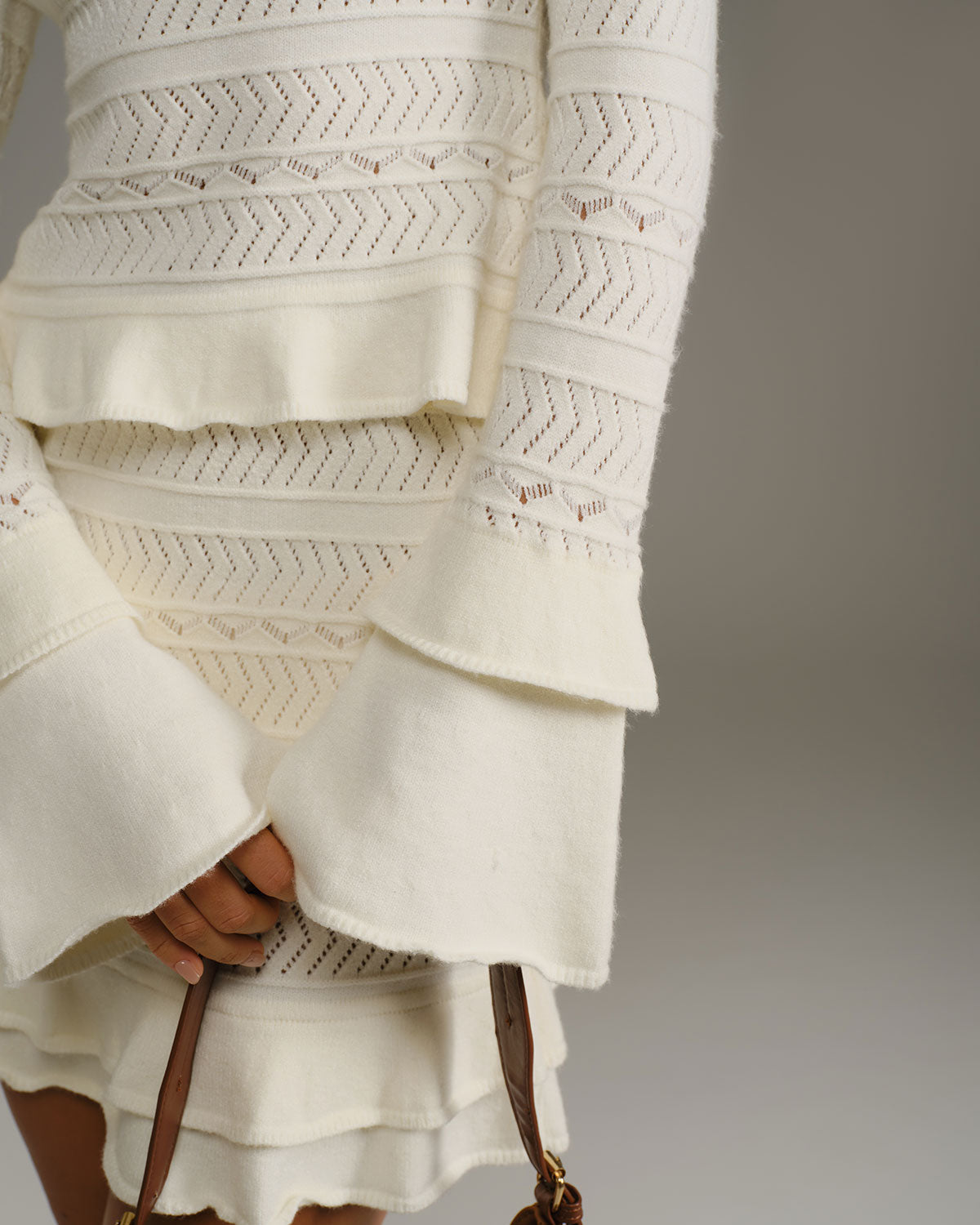 Beige Ribbed Knit Top with Ruffled Bell Sleeves - view 5