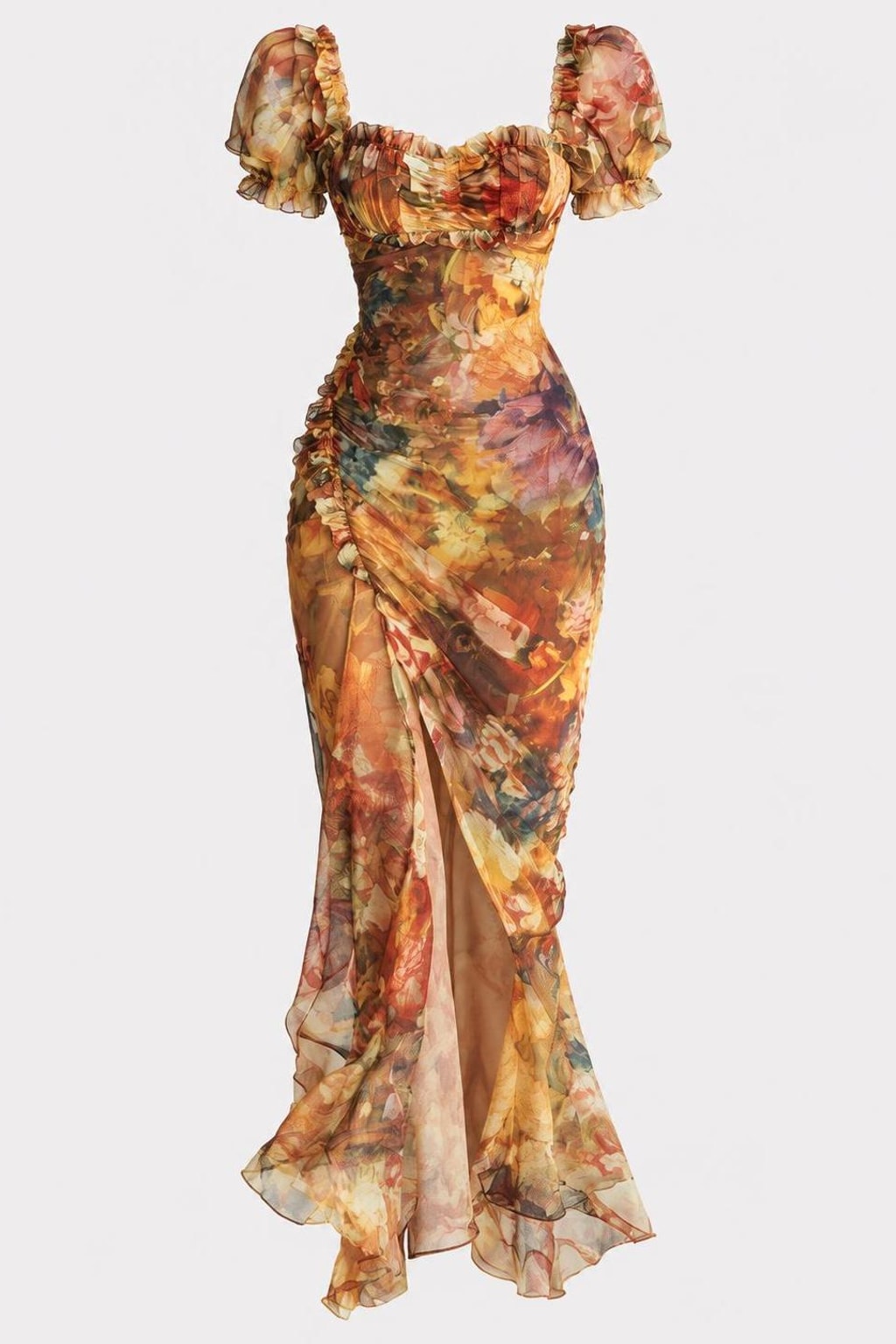 Orange Ruffle Maxi Dress With Puff Sleeves - 1