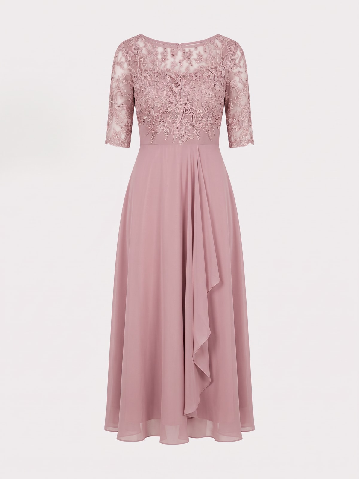 Lace Midi Dress With Sheer Sleeves - 1