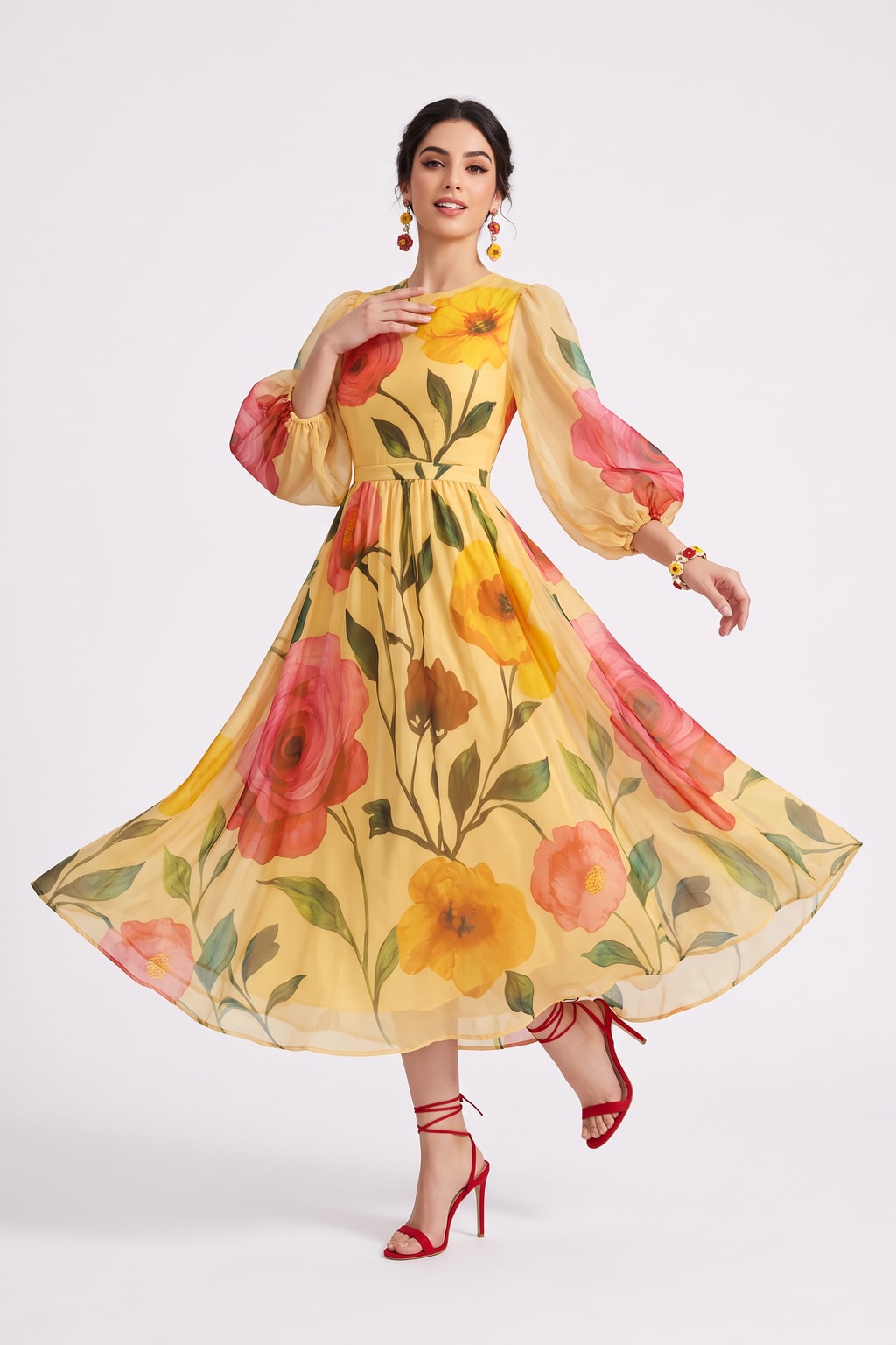 Relaxed Mesh Puff-Sleeve Floral Midi Dress - 4
