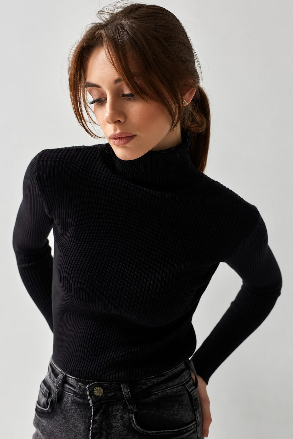 Knit Sweater Turtleneck Ribbed Black - 1