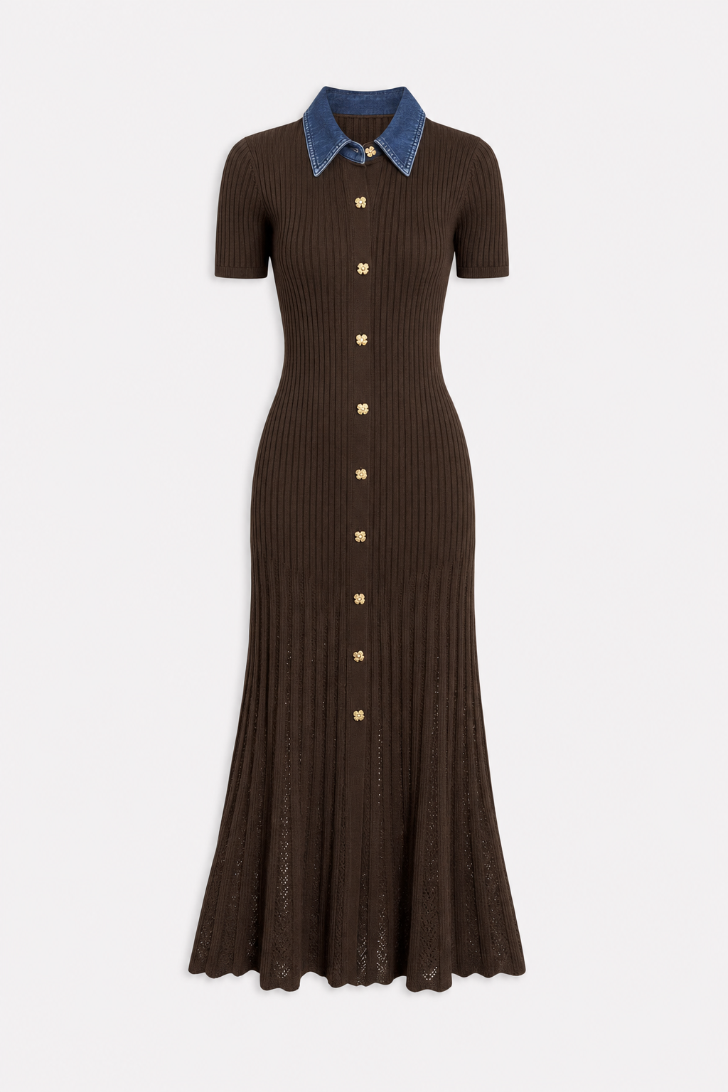 Ribbed knit maxi dress with denim collar - view 6