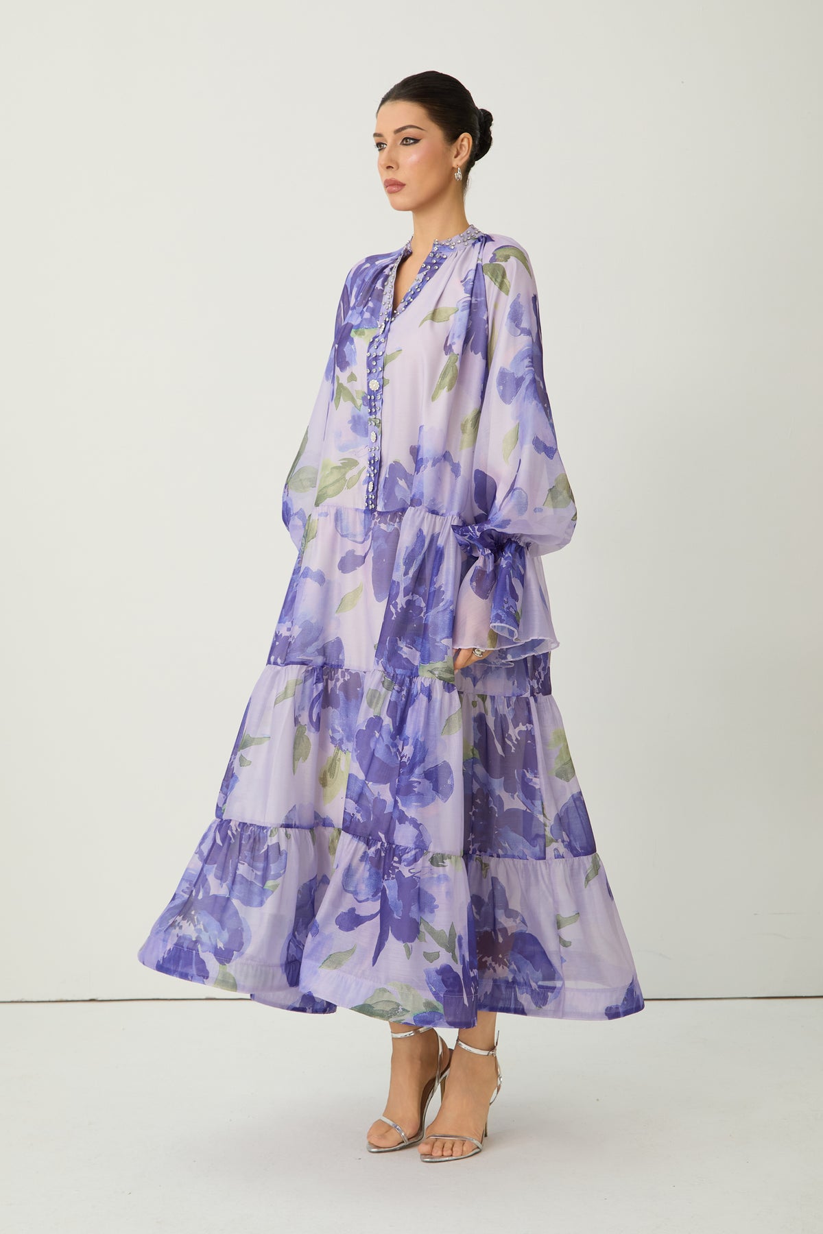 Purple floral print tiered maxi dress - view 6