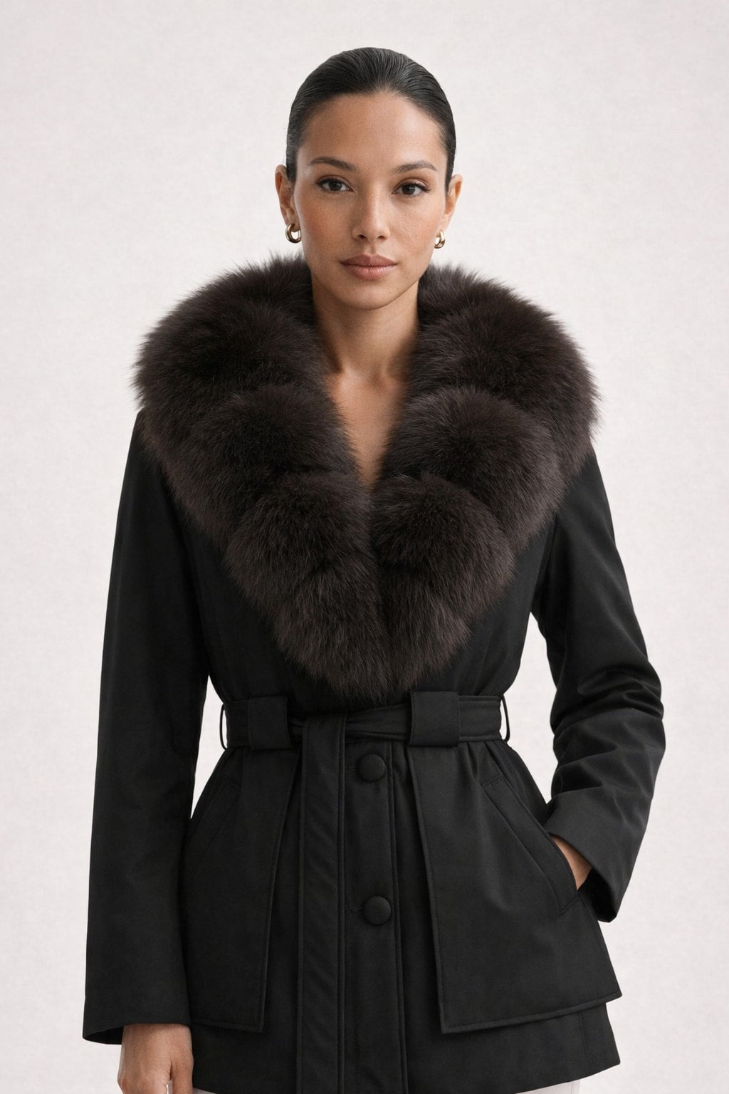 Down Jacket With Fox Fur Collar And Belt - 2