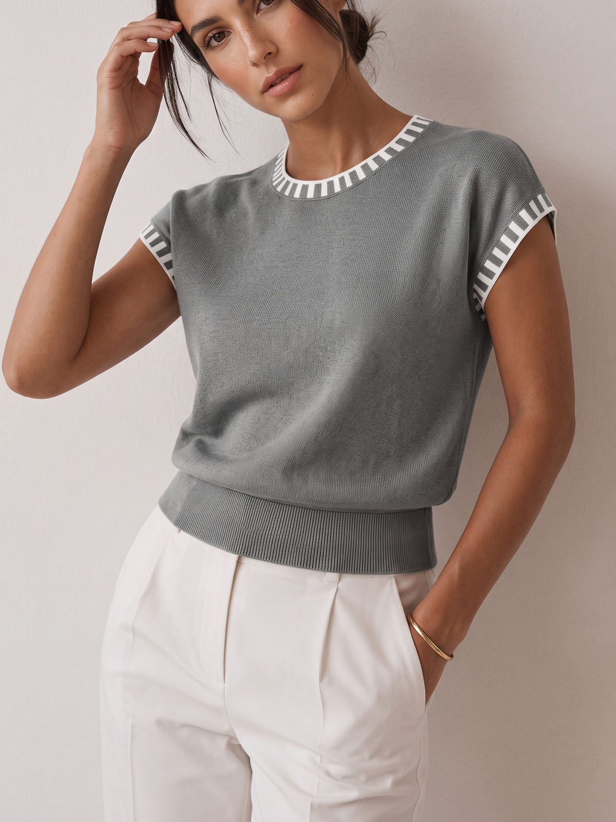 Knit Cap Sleeve Top With Contrast Trim - 12