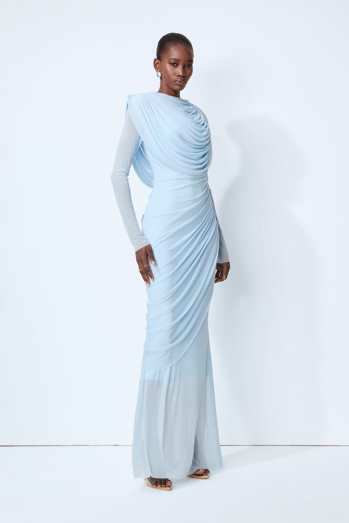 Blue mesh cowl neck long sleeve maxi dress - view 5