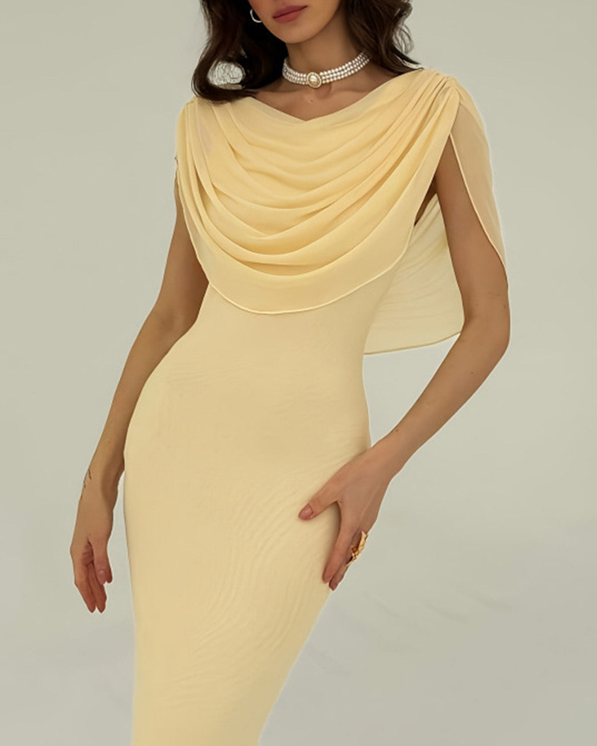 Yellow Cowl Neck Maxi Dress With Pleated Waist - 2