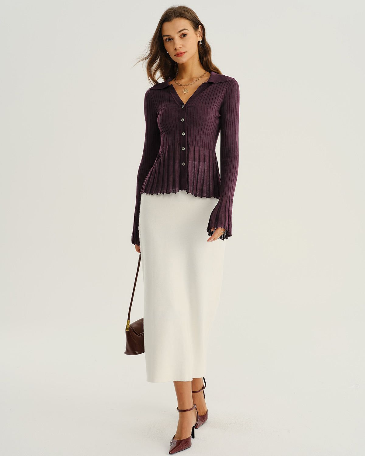 Purple ribbed knit button-front cardigan - view 5