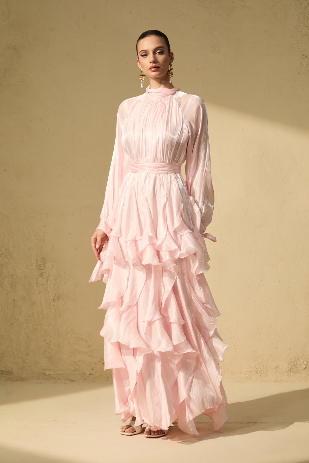 Modest Maxi Dress With Ruffle Trim And Balloon Sleeves - 6
