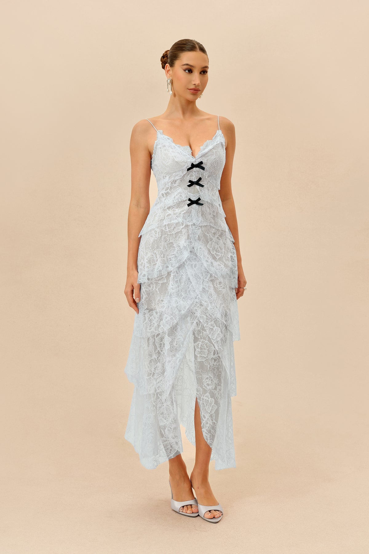 Tiered Ruffle Lace Maxi Dress in Blue - view 5