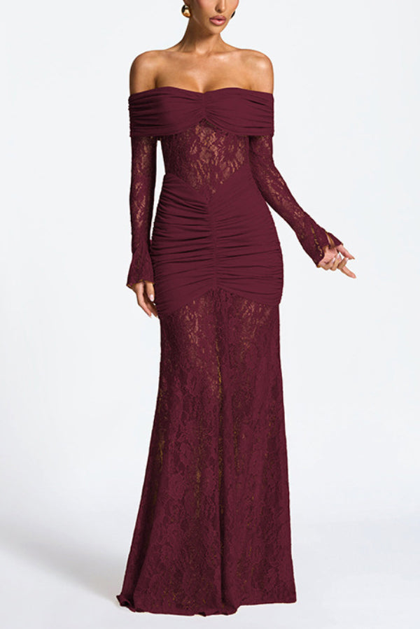 Off-Shoulder Pleated Lace Maxi Dress - view 4