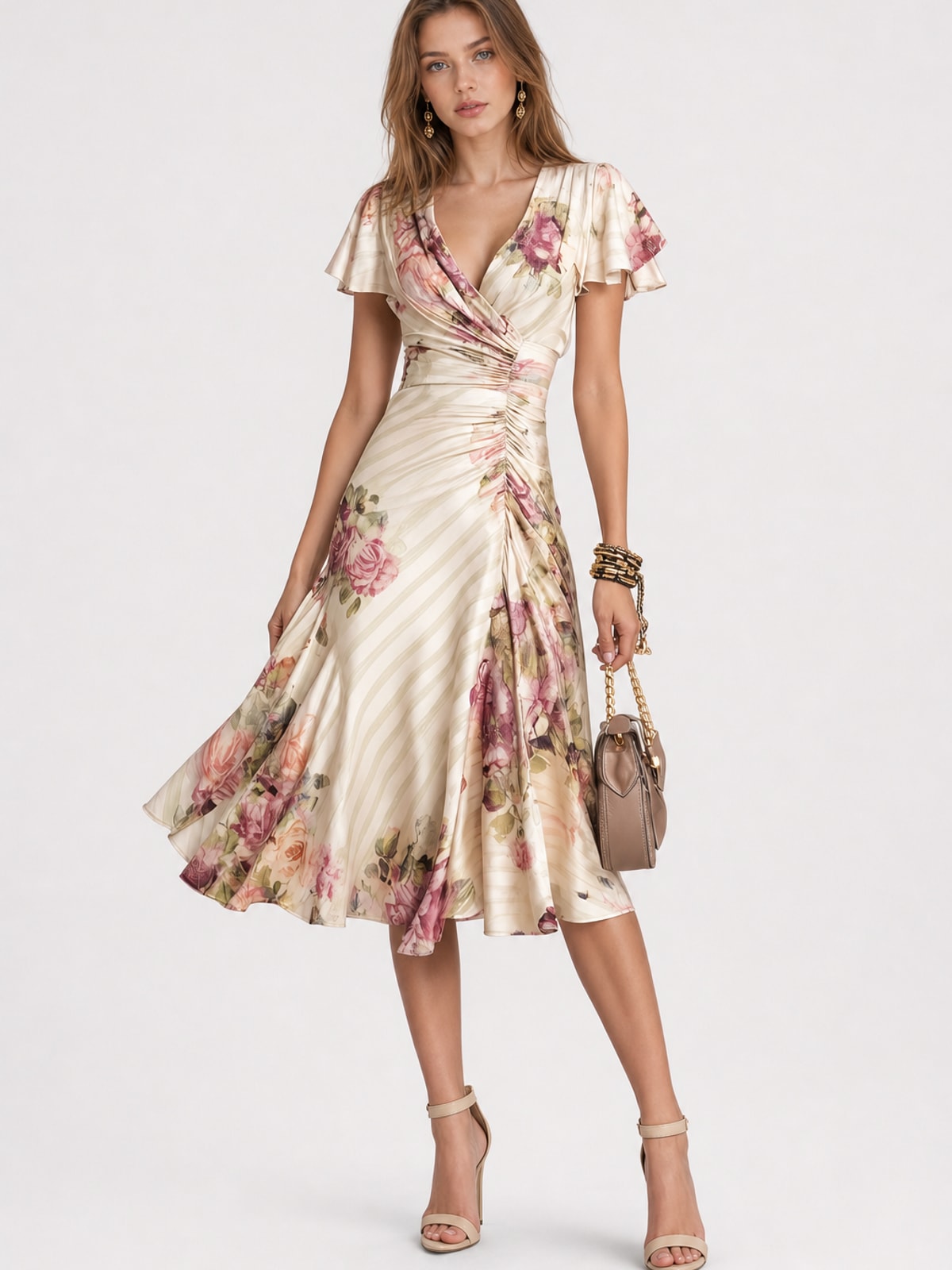 Effortless Floral Wrap Midi Dress With Ruched Waist - 4