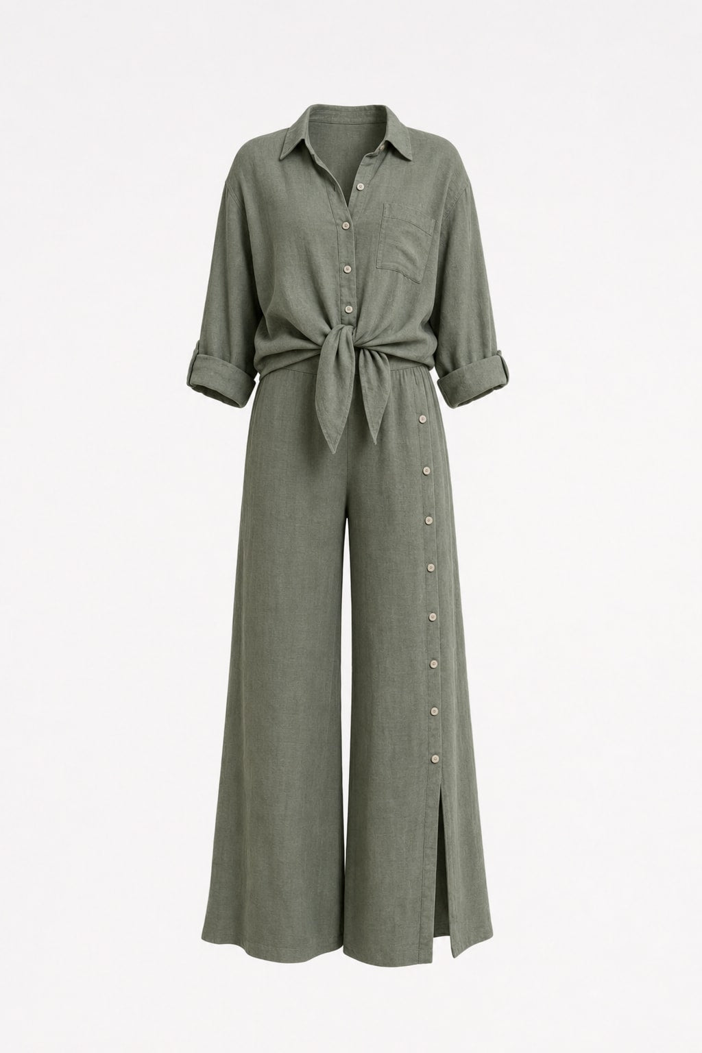 Linen-Look Two-Piece Set With Tie-Front Top - 1