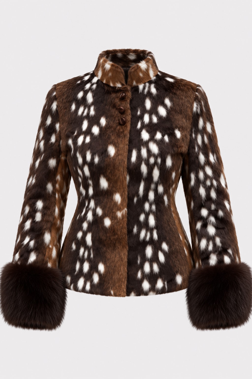 Animal print faux fur jacket with a stand collar, button front and deep contrast dark brown fur cuffs