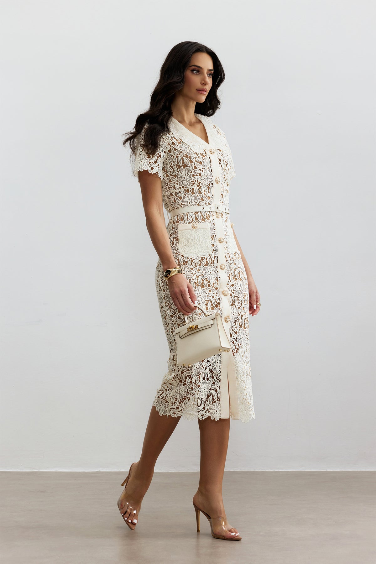 Floral Lace V-Neck Midi Dress with Button-Up Front - 5