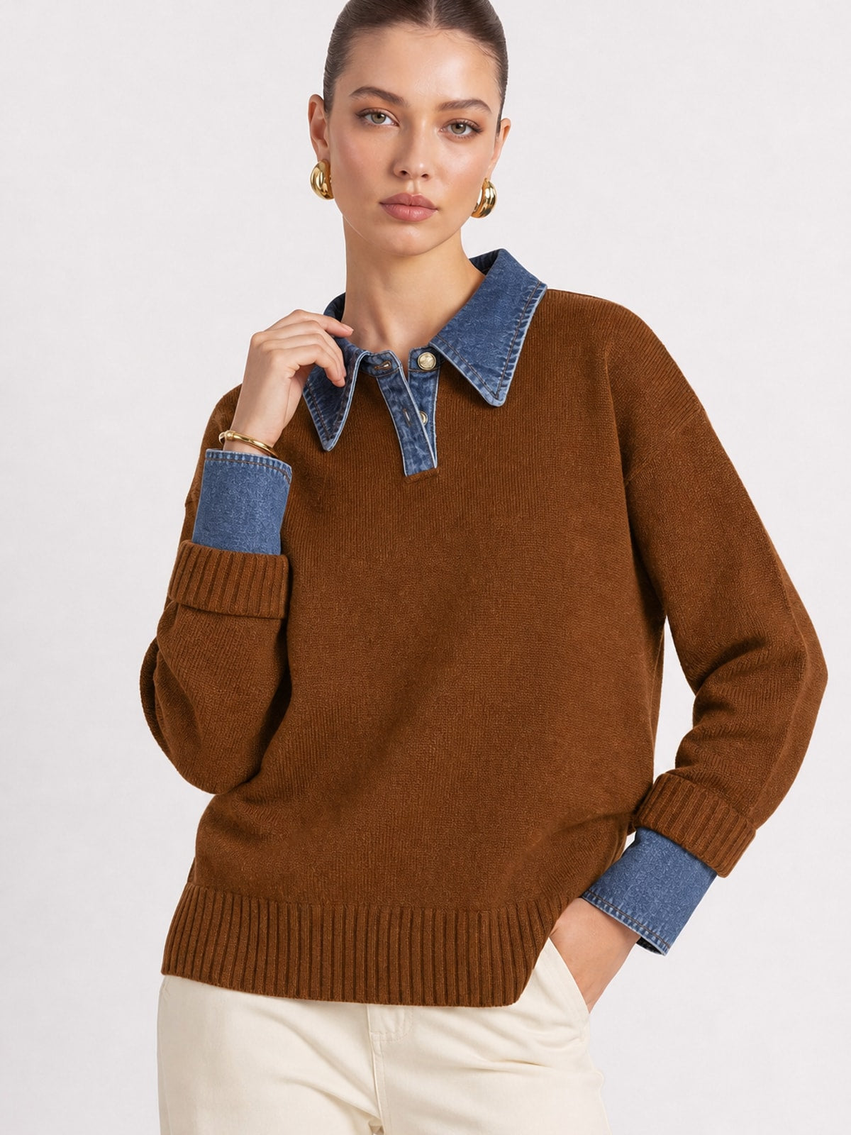 Knit Panel Lapel Relaxed Sweater - 10