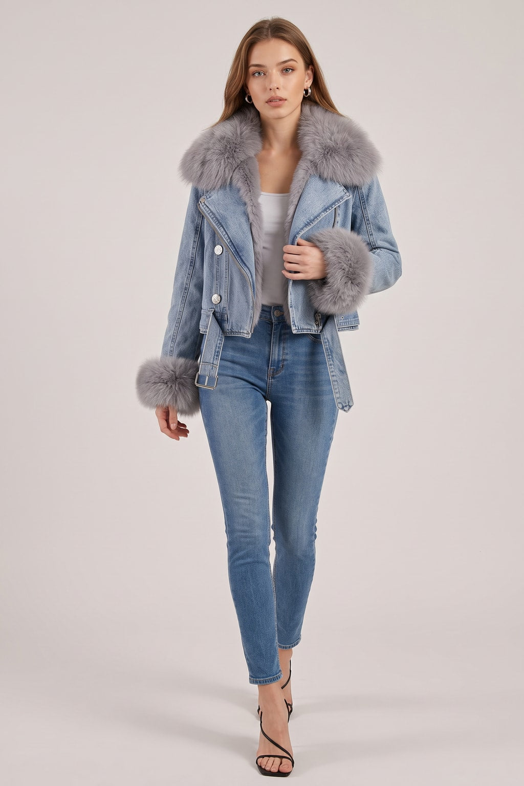 Denim Jacket with Faux-Fur Trim and Oversized Collar - 2