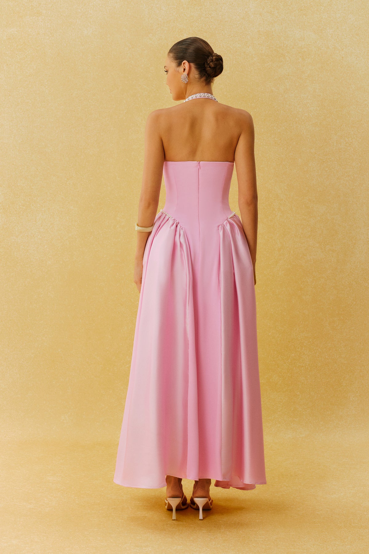 Pearl-Embellished Halter Maxi Dress With Corset Bodice - 4