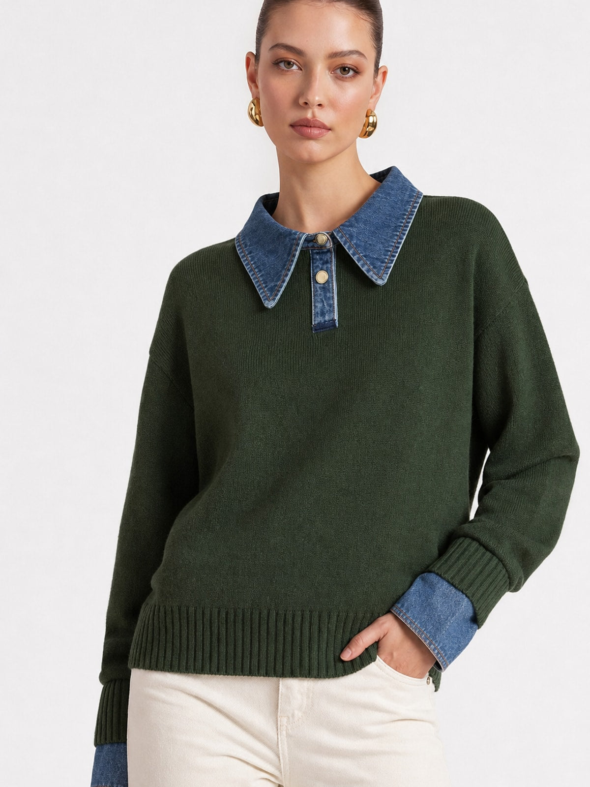 Knit Panel Lapel Relaxed Sweater - 8