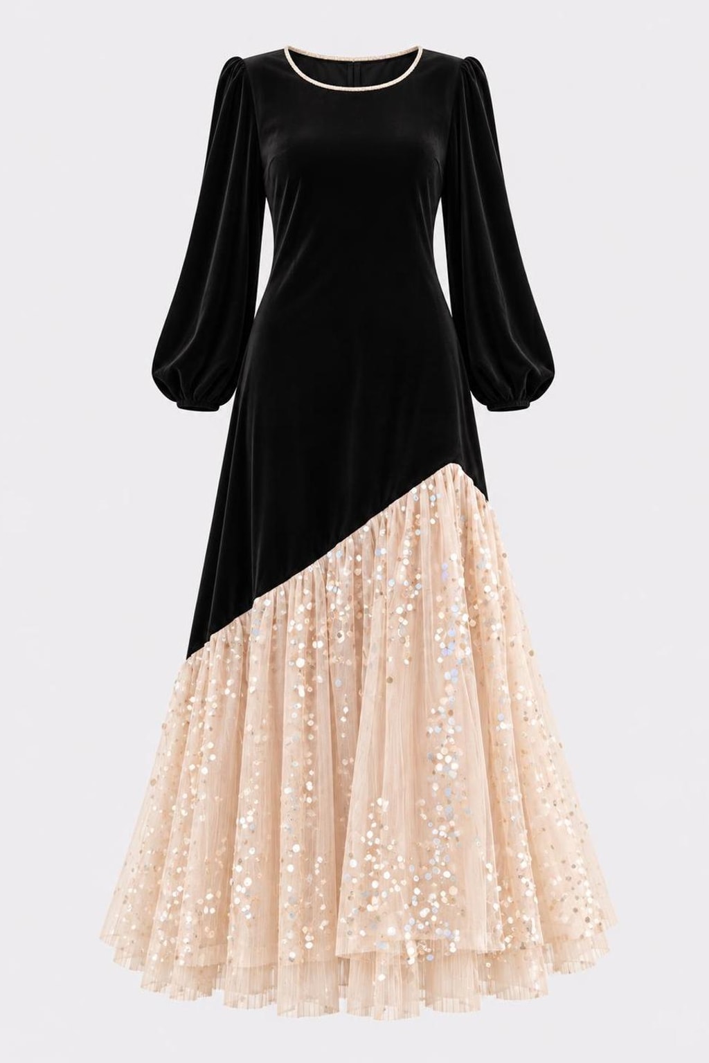 Velvet Maxi Dress With Asymmetrical Tulle Skirt - 1