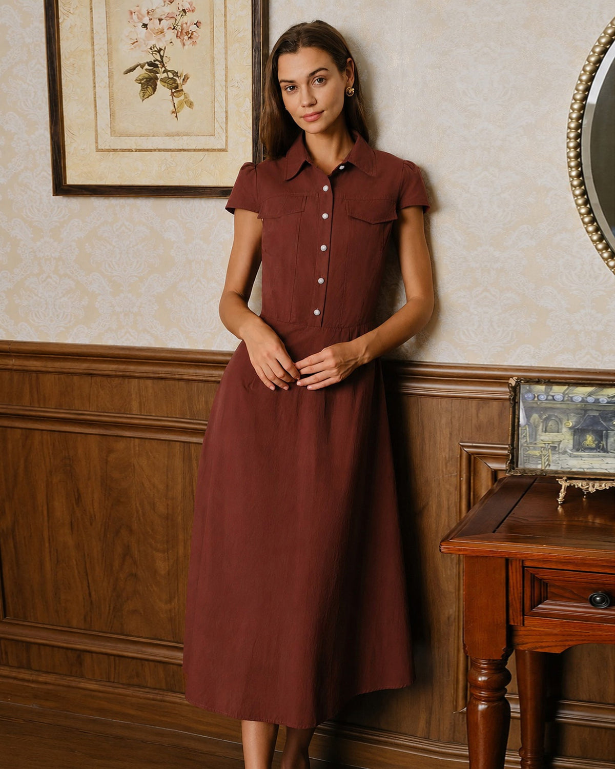 Red cotton midi dress with collar, buttons and pockets - view 5